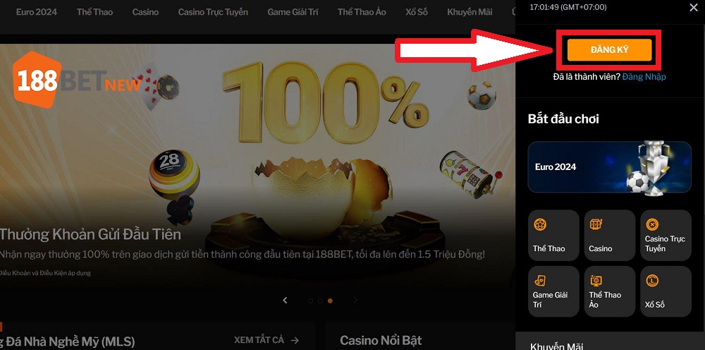 Nhấn vào nút “Đăng ký” để mở biểu mẫu đăng ký 188Bet