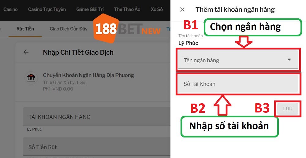 Thêm tài khoản ngân hàng để liên kết với tài khoản 188Bet