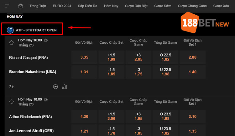 Lựa chọn trận đấu và giải đấu cá cược quần vợt tại 188Bet